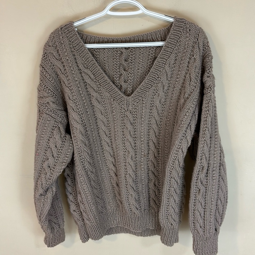 Handmade Chunky Mixed Knit Cable Knit V-Neck Sweater Taupe Tan